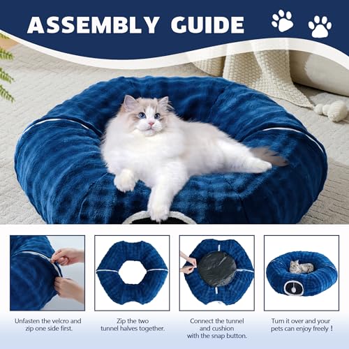 Image of Bubble Cat Tunnel for Indoor Cats, Round Peekaboo Cave Toy with Dangling Balls, Donut Tunnel Bed with Circle Mat for Puppy Kitten Rabbit, Navy Blue