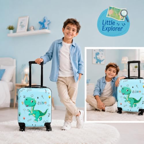 Image of Kids Carry On Luggage with Wheels, 18-inch Hard Shell Suitcase for Boys & Girls, Lightweight Toddler Rolling Travel Bag with Retractable Handle, Durable Hardside Spinner Suitcase, Blue Dino