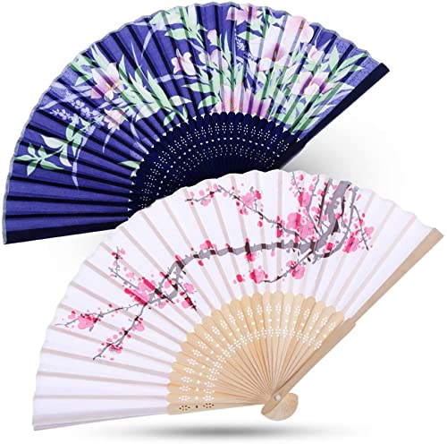 Faburo 2pcs Silk Handheld Folding Fans Portable Foldable Fan for Wedding Dance Festival Cosplay Party Decoration Birthday Gift