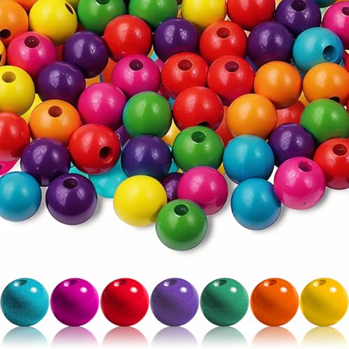 Jyvex 150 St&uuml;ck Holzperlen Bunt, 20mm Bunte Holzperlen zum Auff&auml;deln, Nat&uuml;rliche Runde Holz Bunte Gro&szlig; Perlen f&uuml;r DIY Schmuck Herstellung, Dekorationen, Halskette(Mit Perlennadeln)