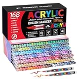 Tongfushop Feutre Acrylique, 168 Ecoulement Direct Acrylic Marker avec Pointe Pinceau, Marqueur Acrylique Intensément Pigmentés pour Adulte Coloriage, Art DIY sur Bois, Toile, Céramique & Verre