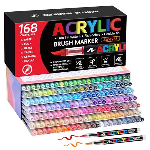 Tongfushop Feutre Acrylique, 168 Ecoulement Direct Acrylic Marker avec Pointe Pinceau, Marqueur Acrylique Intensément Pigmentés pour Adulte Coloriage, Art DIY sur Bois, Toile, Céramique & Verre