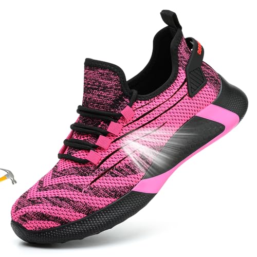 Asiman Steel Toe Shoes for Women Lightweight Breathable Safety Shoes for Men Construction Non Slip Composite Toe (Rose Red,W-8/M-6)