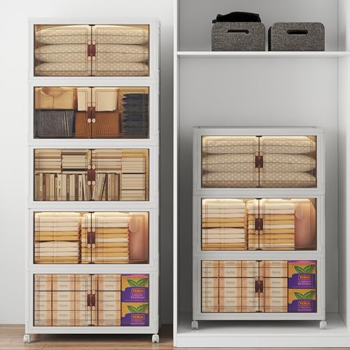 Image of UAMFURI Stackable Storage Bins with Lids, 960QT Closet Organizers, Lockable Storage Cabinet, Foldable Storage Box with Doors and Wheels, Plastic Drawers for Home, Garage, Office (8, White, Large)