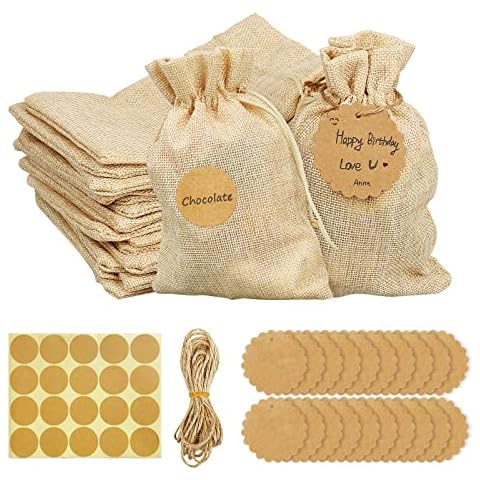 ZEFAN 20pcs 13x18Cm Linen Drawstring Burlap Bag,Gift Bag with 20pcs Kraft Paper Tags and 20pcs Stickers Labels for Jewelry Organiser, Birthday,Wedding, DIY Craft Cover