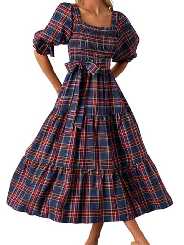 Acrawnni Maxikleid für Damen, kariert, Y2K, Puffärmel, quadratischer Ausschnitt, gesmokt, Babydoll, langes Kleid, Gürtel, Fliege, Rüschen,...