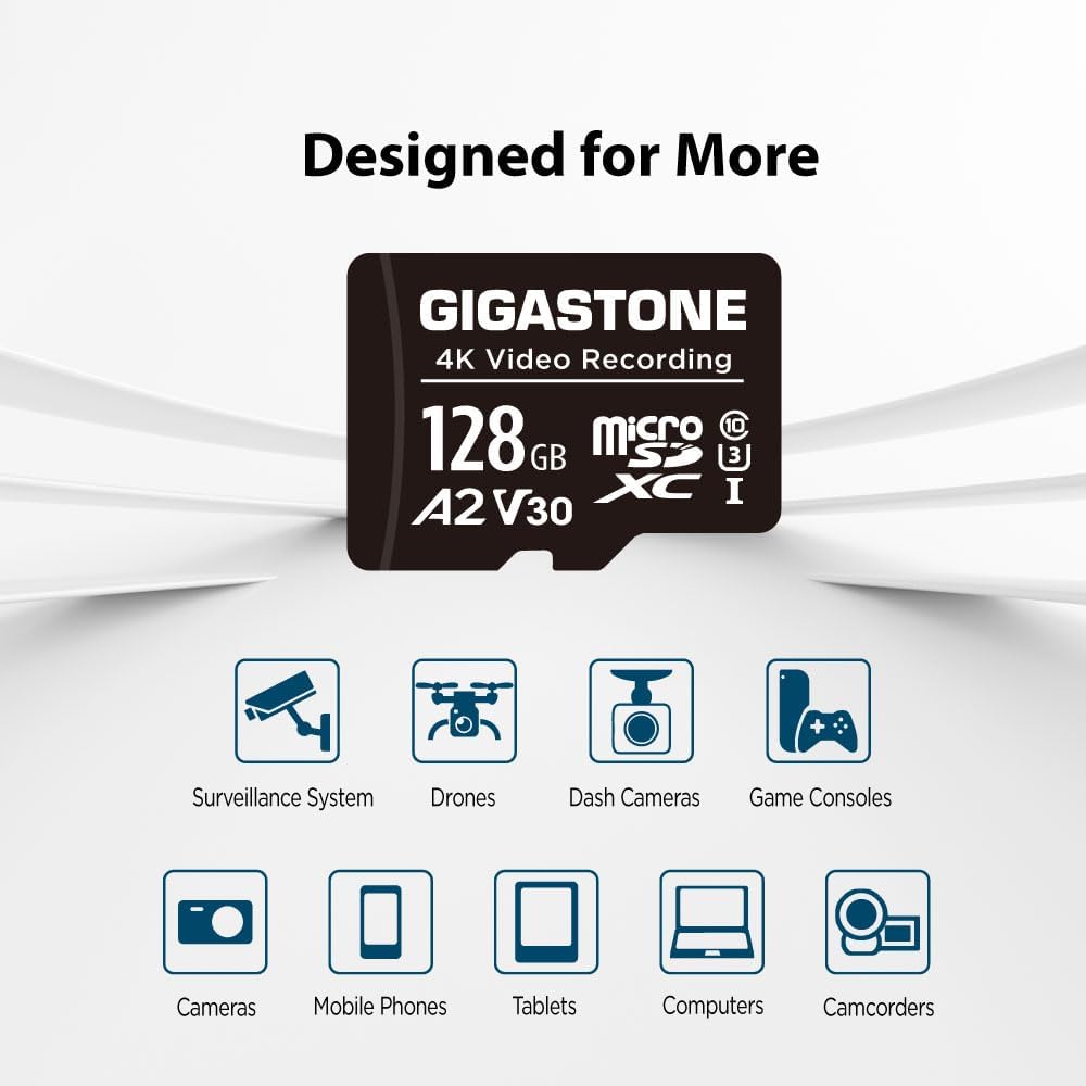 GIGASTONE 128GB Micro SD Card A2 V30 5-Pack, 4K Video Pro, Surveillance, Security Camera, Dash Cam, Drone, 100MB/s MicroSDXC Memory Card UHS-I Class 10, with Adapter