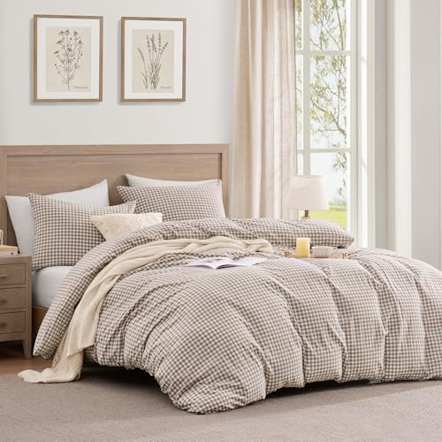 Image of Andency Tan Gingham Duvet Cover Full, 100% Wash Cotton Linen Like Textured Breathable Comforter Cover Set, 3 Piece Brown Classic Yarn-Dyed Checkered Plaid Bedding Set, 79 inch*90 inch