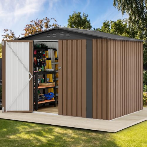 Image of DWVO 7x5FT Outdoor Storage Shelter, Roomy Steel Tool Shed with Secure Entrances & Air Circulation for Patio, Lawn, and Backyard, Ideal for Storing Garden Gear, Lawn Tools, and Bikes, Brown