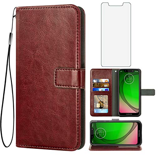 Protection Moto G7 Play étui portefeuille marron et verre trempé robuste