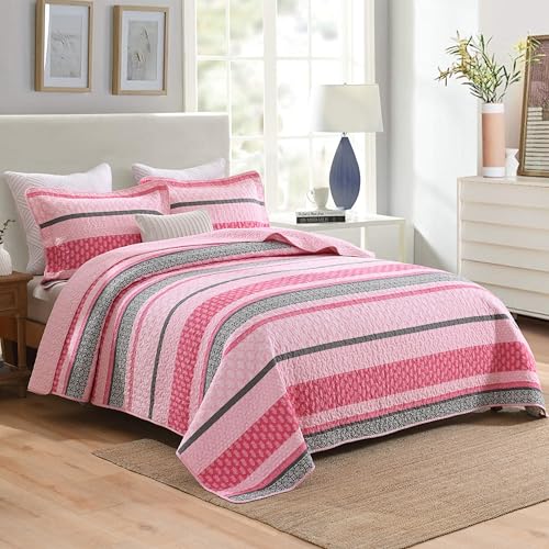 Image of Homzard Quilts Queen Size, Cotton Comforter Set, Hot Pink Grey Queen Bed Set, Lightweight Striped Bedding, Farmhouse Bedspread All Season 3 Pieces