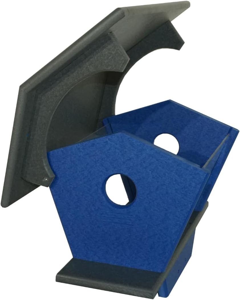 DutchCrafters Large Plastic Poly Double Entry Post Mount Bluebird Feeder for Mealworms with Removable Clear Acrylic Sides, All-Season Mealworm Feeder for Wild Songbirds - Made in USA (Gray & Blue)