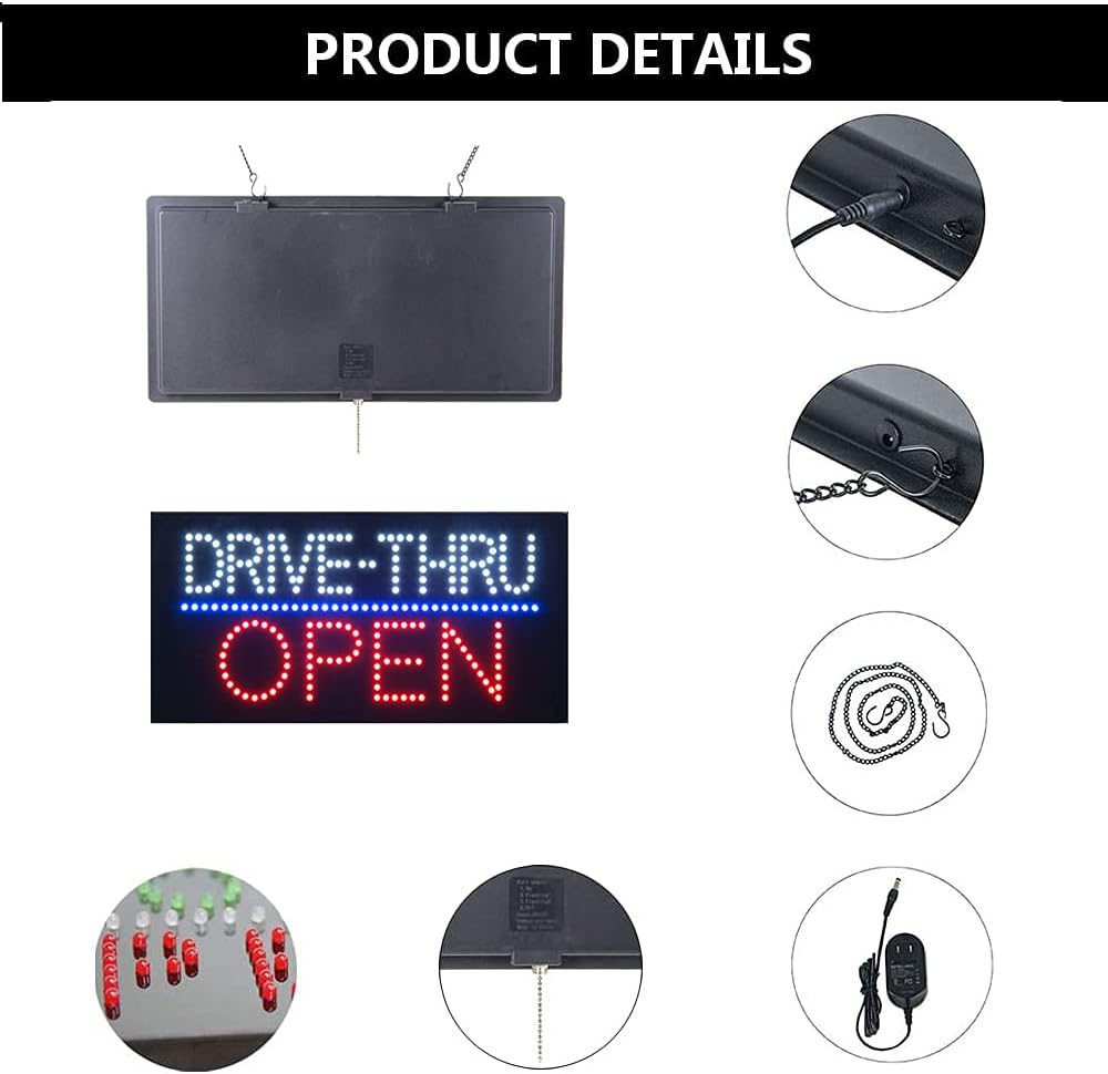 LED Drive Thru Sign for Business, Super Bright LED Open Sign for Fast Food, Electric Advertising Display Signboard for Pizza Burger Business Shop Store Window Home Decor. (HSD0009)