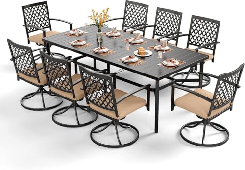 Image of PHI VILLA 7 Pcs Outdoor Dining Set for 6&83 inch Rectangle Metal Steel Table | Swivel Wrought Iron Chairs with Cushions, Outside Furniture Set for Patio, Deck, Yard, Porch