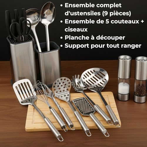 Kit complet de couteaux et ustensiles de cuisine de 17 pièces en acier inoxydable (couteaux de cuisine, set ustensile cuisine, bloc à Couteaux et planche à découper inclus). Accessoires de Cuisine – Image 3