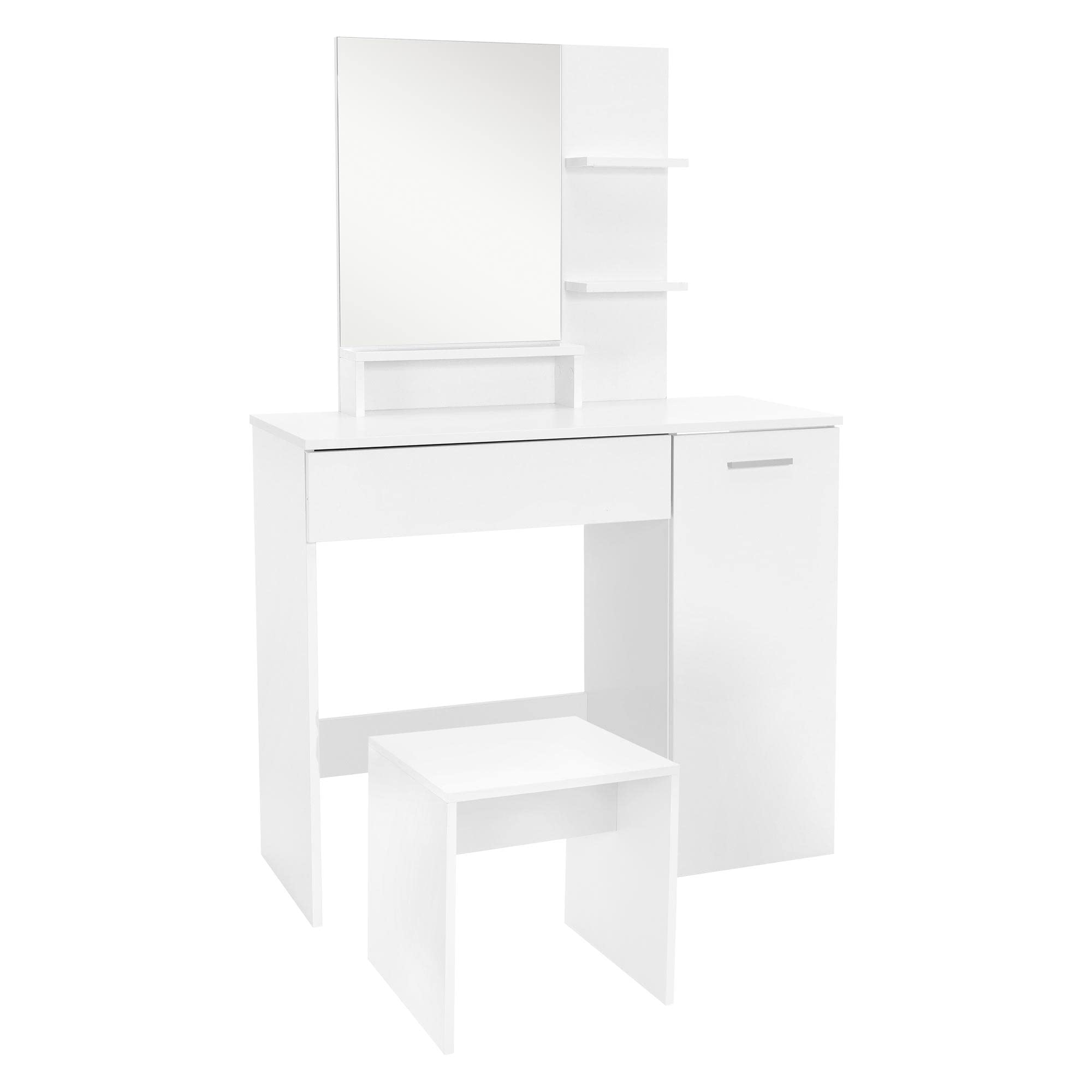 ML-Design Juego De Tocador con Taburete 90 x 38 x 138 cm Blanco Moderno con Espejo 2 Cajones 3 Compartimentos Abiertos Mesa de Maquillaje Cosméticos Almacenamiento Tablero De Aglomerado Dormitorio