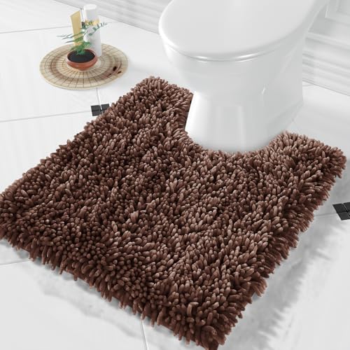 Image of Yimobra Toilet Rugs U Shaped Washable, Extra Thick Soft Absorbent Chenille Contour Bathroom Rugs for Toilet 24x20 Inch, Quick Dry Non Slip Toilet Mat for Bath Floor, Brown