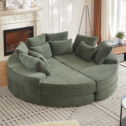 Image of 78'' Oversized Round Sleeper Sofa Bed, Convertible Circle Chaise Lounge Chair Indoor, Modern Fluffy Plush Corduroy Cloud Boneless Couch, Assembly Free, Comfy Bean Bag for Living Room, Green