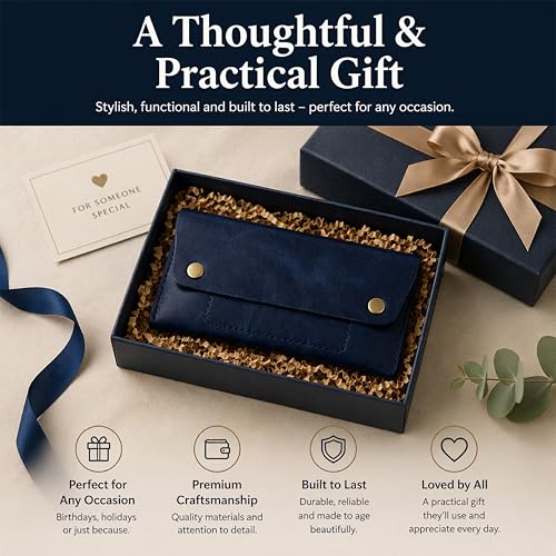 Image of Leather Currency Pouch - Handmade Cash Organizer with Double Button Closure & Zipper Pocket, Compact Money Holder for Travel & Everyday Use, 4 x 8 Inch (Blue)