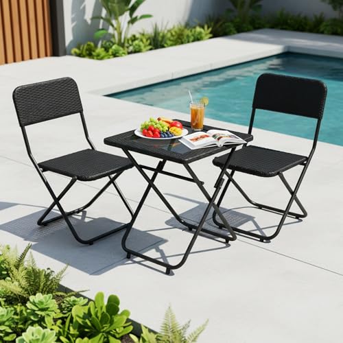 Image of DEVOKO Foldable 3-Piece Outdoor Patio Wicker Furniture Set with Glass Top Table, All-Weather HDPE Rattan, Rustproof Metal Frame for Garden, Balcony & Lawn (Black)