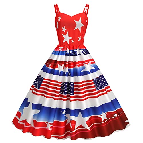 Image of OBEEII Womens 4th of July Dress Retro Spaghetti Strap American Flag Midi Dress Summer Cocktail A-line Swing Dress