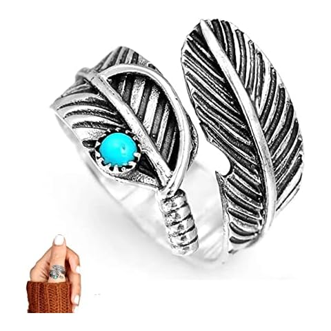 Boho Feather Turquoise Adjustable Ring,Silver Wide Nature Leaf Ring,Thumb Ring for Women Men Cover