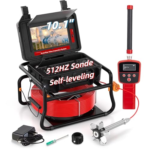 Inspection Camera Sewer Camera with Locator,Self-Leveling,512hz Transmitter,1080P HD 10.1''Touch Screen Monitor,Distance Counter,16GB Storage DVR Recorder/Audio,Fiberglass Cable (30M)