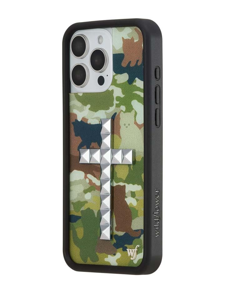Image of Wildflower Cases - Compatible with iPhone 16 Pro Max | Protective Black Bumper, 6.5ft Drop Test Certified, Women Owned Small Business | Stud Cross Cat Camo