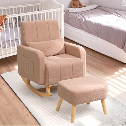 Image of HCHAIRH Rocking Nursery Chair with Ottoman, Upholstered Glider Rocker with High Backrest and Side Pocket, Comfy Reading Chair with Solid Wood Legs for Nursery, Living Room,Bedroom Coffee