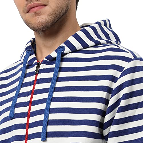 Image of CAHOOT Men's Dark Blue Zip-Front Hoodie with Contrast Drawstring for Casual Wear | Long Sleeve | Hooded Neck | Zipper Closure | Cotton Sweatshirt Crafted with Comfort Fit for Everyday Wear