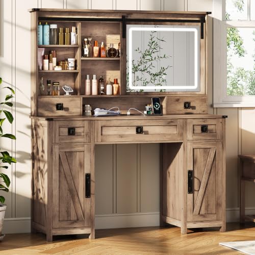 MSmask Makeup Vanity Desk with Lights 47.2 Farmhouse Vanity Table with Sliding Mirror & Charging Station Large Makeup Desk with 5 Drawers & 2 Cabinets Rustic Oak