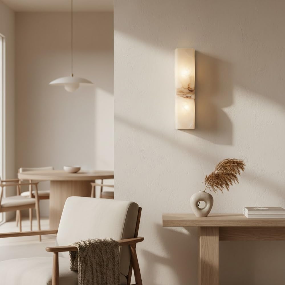 Lampa ścienna LED z naturalnego kamienia alabastrowego, oświetlenie w górę i w dół, idealna do sypialni, salonu, przedpokoju, przedpokoju, hotelu. (H35 cm (13,78"))