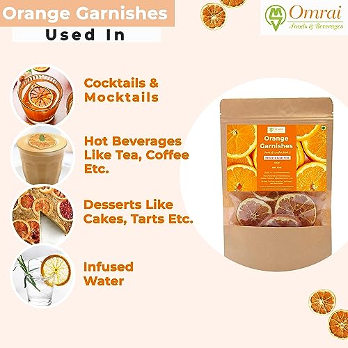 Image of Omrai Foods Dried Orange Slices Garnishes 50GM (Pack of 1) | Dehydrated Orange Fruit Garnish for Cocktails, Mocktails, Detox Water, Tea | 100% Natural Air Dried Fruit Slices for Decoration