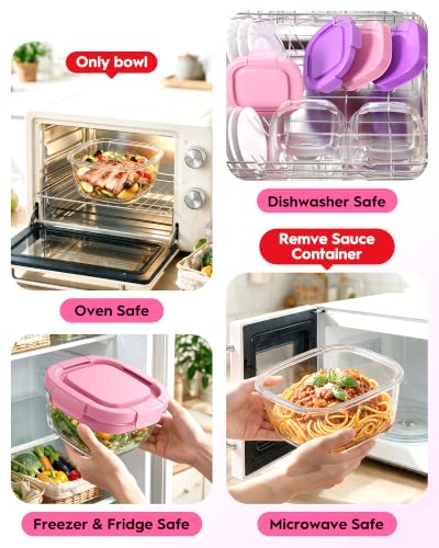 Image of Glass Salad Container,56oz Salad Bowl To Go for Lunch with Airtight Lid,Leak-Proof Sauce Container,4-Compartment Bento Tray & Reusable Fork - BPA-Free Glass Lunch Box for Meal Prep,Office（Pink）