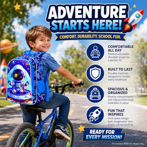 Image of 3Pcs Space Backpack for Boy, 16 inch Astronaut Bookbag for Elementary Preschool Kindergarten, Kids School Backpacks with Lunch Box (Blue)