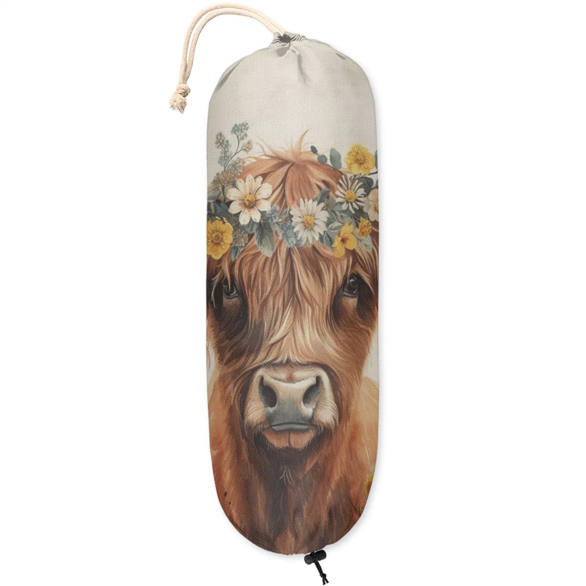 Sabokido Highland Cow Floral Plastic Bag Holder Washable Floral Cattle Grocery Bag Storage Dispenser Reusable Hanging Shopping Bags Carrier Wall Mount