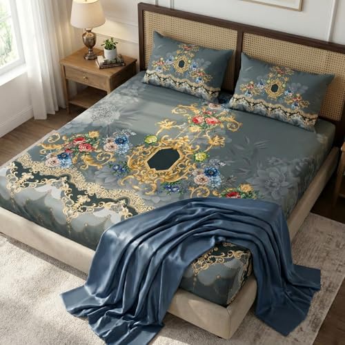 Image of LOOMLYFE 300 TC 7D Digital Print Microfiber Soft Cotton Bedsheet for Double Bed, Size 90X100 Inches with 2 Large Size Pillow Covers Without Joint - GoldenPattern