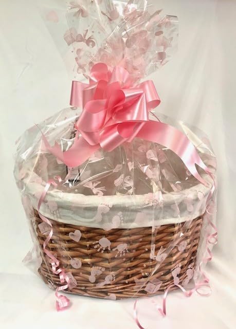 Make Your Own Maternity Hamper Kit, Oval High back Willow Basket Baby Girl Pink which includes Bow & Cellophane Small, Medium Or Large, Gift, Leaving Present, Baby Showers (Medium, Baby Girl Pink)