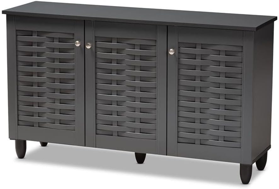 BOWERY HILL 3-Door Wood Shoe Cabinet, Dark Gray Finish, Engineered Wood Construction, Air Ventilation Slits, Fits Up to 12 Pairs, Contemporary Design Entryway Storage Organizer for Home