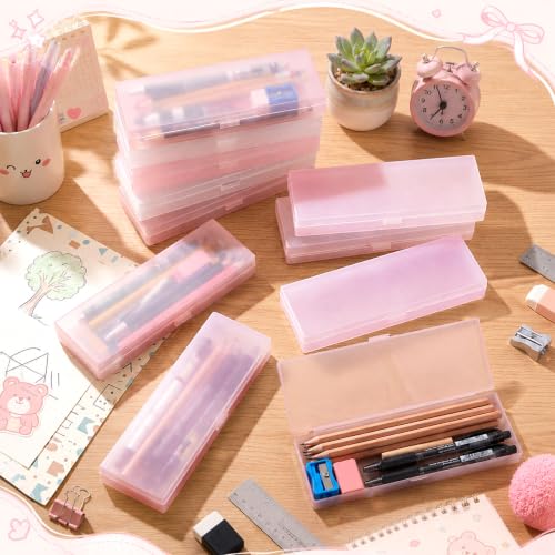 Image of Fainne 80 Pieces Back to School Plastic Pencil Boxes Pencil Case Bulk Frosted Clear Multi Colored Pens Holder Stackable Container with Lid & Snap for Stationery Office Classroom(Pink)