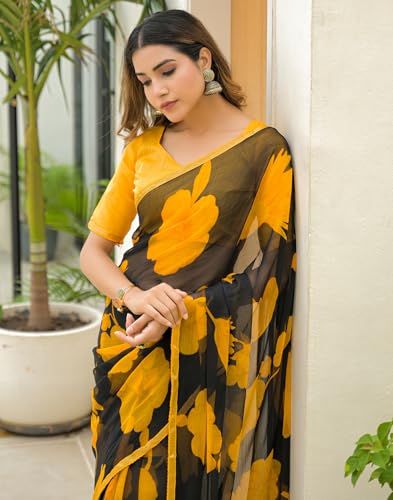 Image of SIRIL Women's Chiffon Printed Saree with Unstitched Blouse Piece