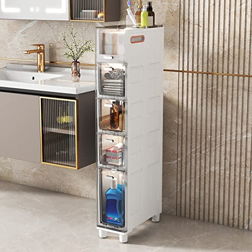 Torre de almacenamiento delgada de 5 cajones con cajones transparentes y ruedas, armario de papel higiénico que ahorra espacio para espacios pequeños
