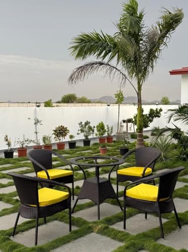 Image of PRATHAM India 4+1 Outdoor Indoor Patio Set Bistro Set Rattan Set Lawn Balcony Hall Outdoor Garden Chair Table Set (Brown Chair & Yellow Cushion)