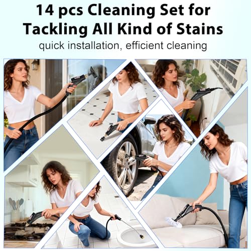 Dampfreiniger Handgerät mit 14 Zubehör, 1500W Mehrzweck Steam Cleaner, Dampfdruck 3Bar, Aufheizzeit 15s, 1400ML Tank Handdampfreiniger für Alles Boden Reinigung, Fenstern, Sofas, Fugen, Auto