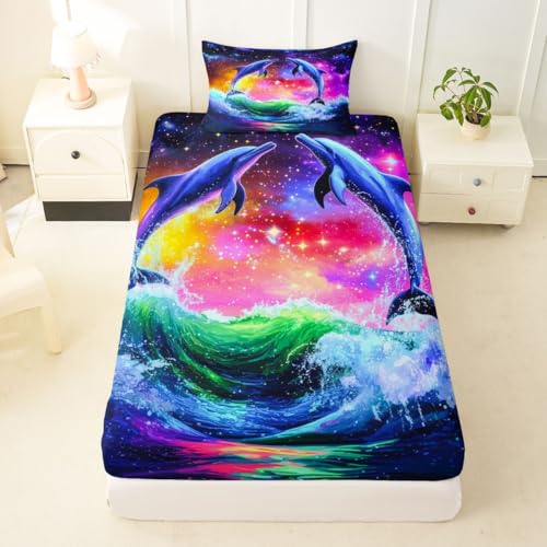 Image of jejeloiu Dolphin Bed Sheets Set Queen Size Tropical Ocean Bed Set Sea World Deep Pocket Fitted Sheet Summer Breathable Soft Lightweight Microfiber