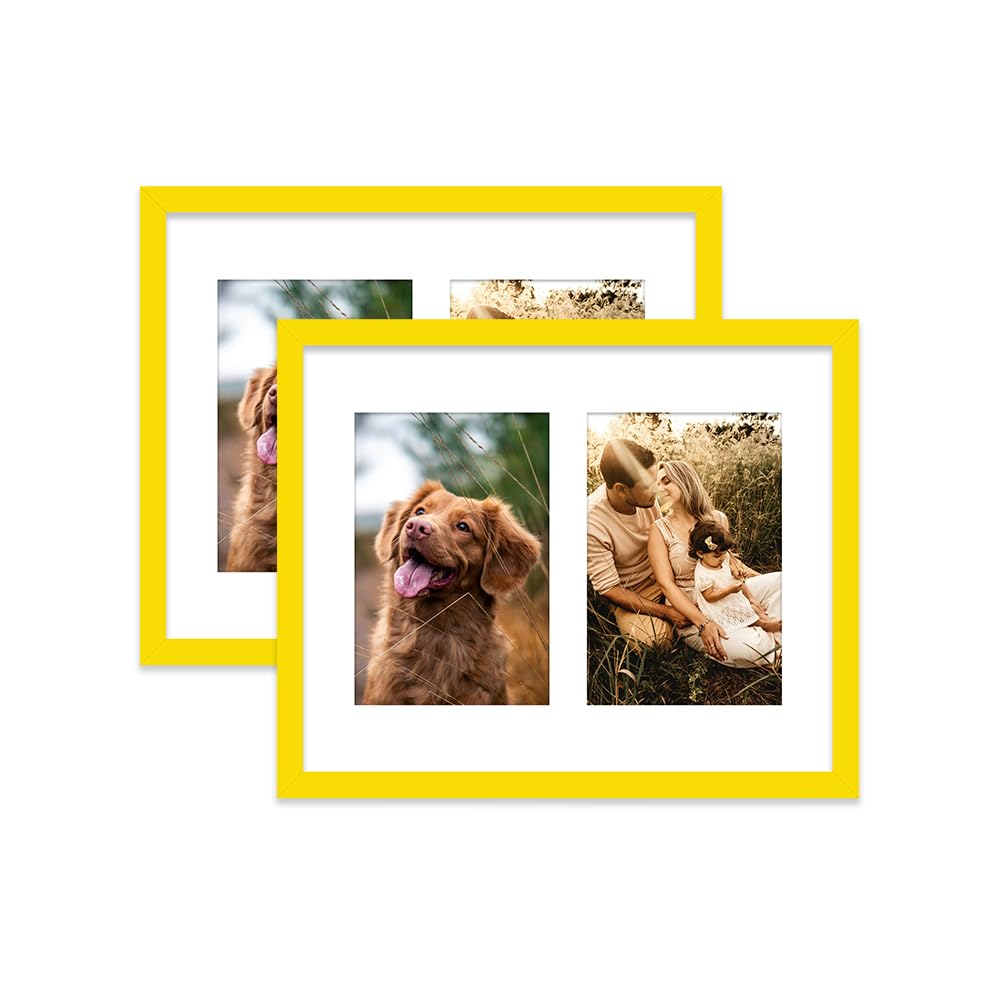 Yellow Multi Photo Frame - Holds 2 x 6x4 Pictures, Family Collage Picture Frame for Wall Display, 10x8 Frame size, Set of 2