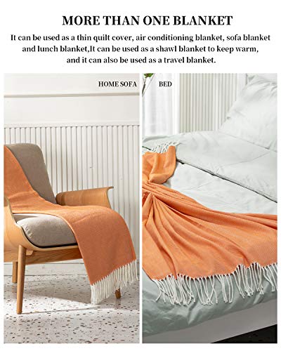 Spaomy Herringbone Throw Blanket Faux Cashmere With Tassels Soft Cozy Lightweight Decorative Throw Blanket For Bed, Sofa, Farmhouse Outdoor- All Seasons (50X60 Inch, Orange) #TOP3