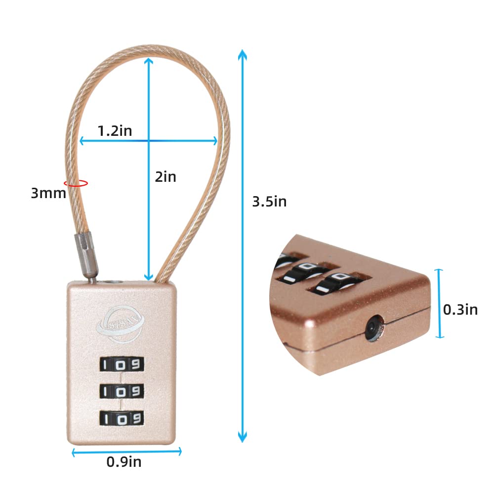 SISAV 3 Digit Cable Combination Lock 5 inches Cable for School Gym Locker,Filing Cabinets,Helmet,Toolbox,Luggage Suitcase,knapsack,Gold 2Pack - Image 2