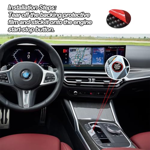 Image of Engine Start Stop Button Cover compatible with BMW Interior Accessories | 0.86 Inch Round compatible with X3 X5 Z4 2 3 4 i4 i3 Series,Carbon Fiber Texture with High Gloss Resin surface