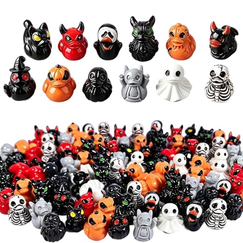 Mini Ducks (Devil Ghost & Skeleton Designs) Mini Devil Ghost Skull Resin Ducks Figurines Cute Spooky Desktop Decor Halloween Christmas Party Favors Gift DIY Craft Dollhouse Decor (48PCS)